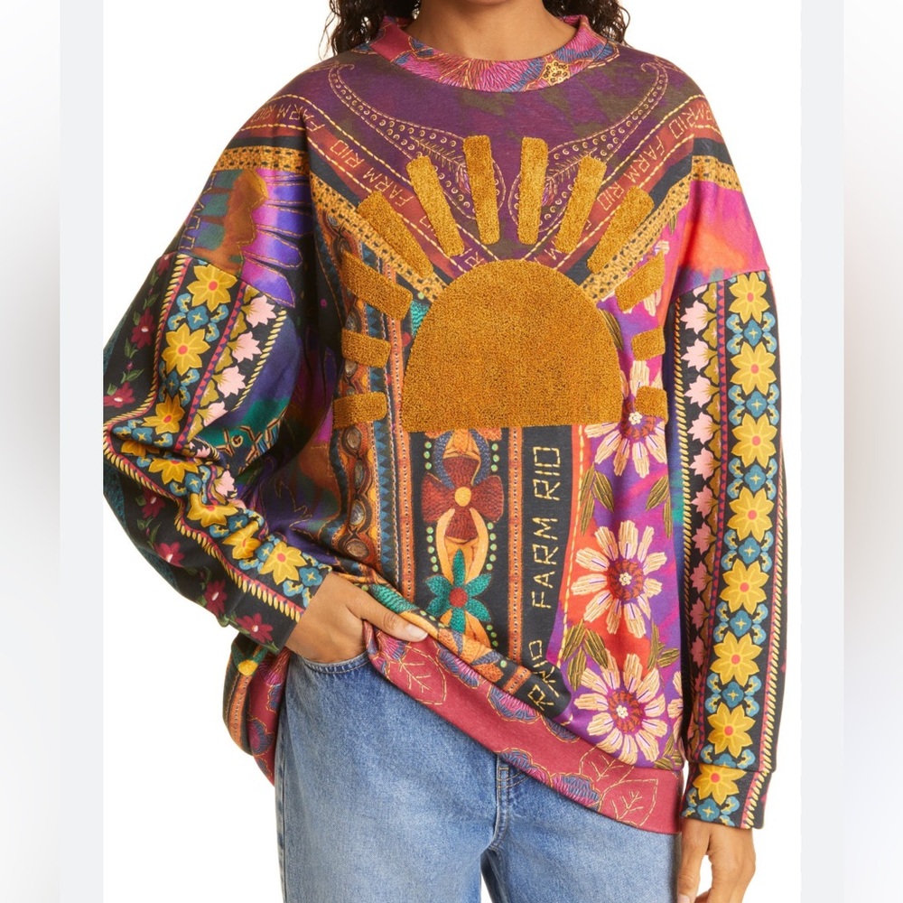 FARM RIO Mixed Scarves Sweatshirt Small S Oversized Sun Floral Top Shirt